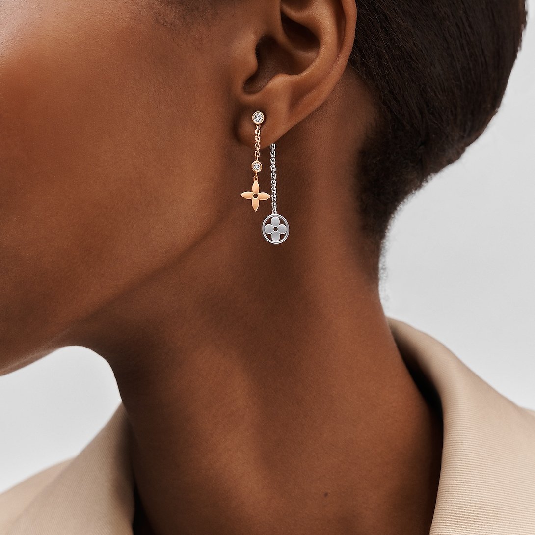 Blossom long earrings, 3 golds and diamonds 1